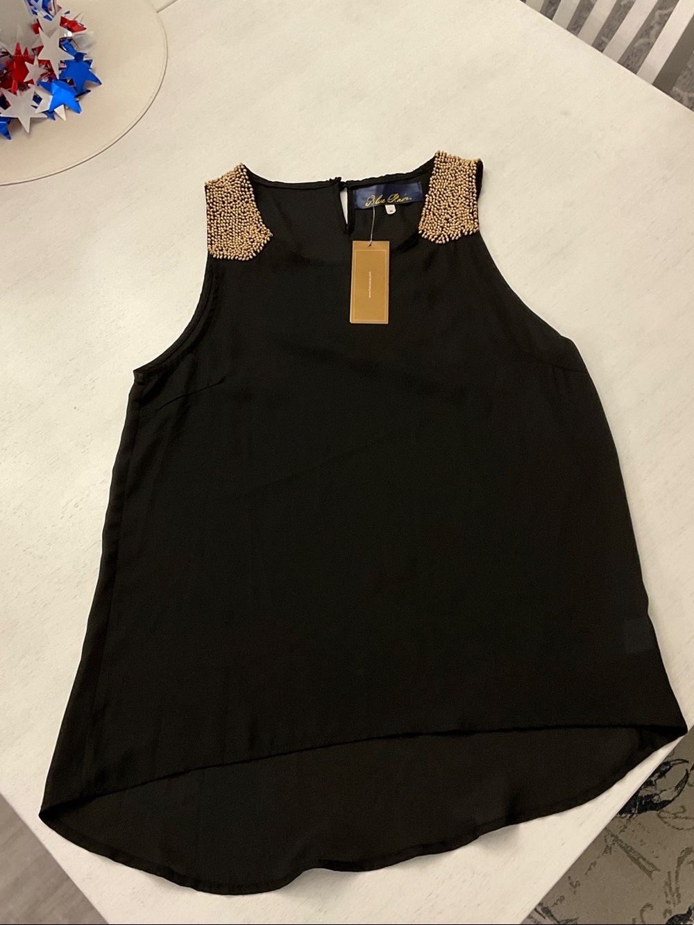 Blue Rain Black Sleeveless Top with Tan Beaded Shoulders